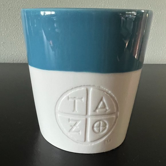 Starbucks TAZO Asymmetrical  Blue & White Bone China Handleless Tea Cup Mug 2011 - Picture 2 of 6